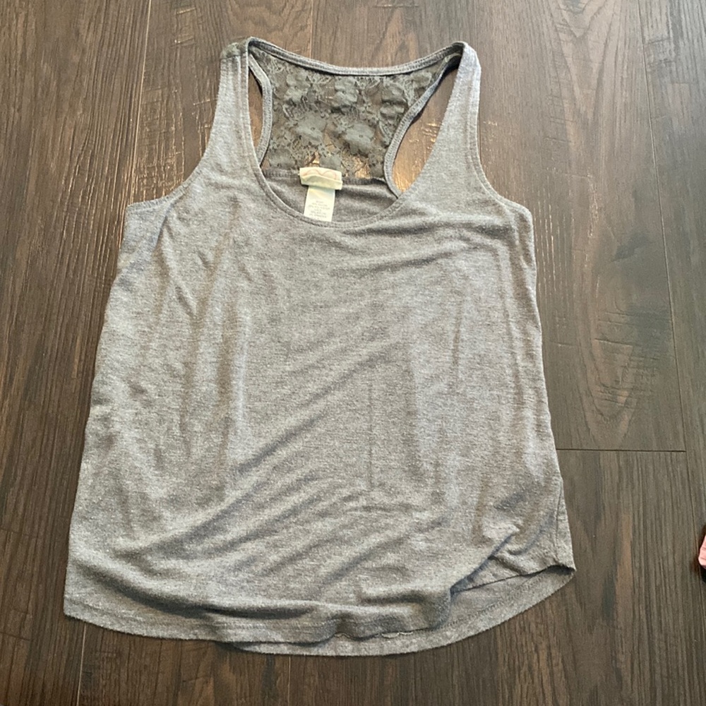 Grey tank top with lace detailed racerback from Self Esteem size XS